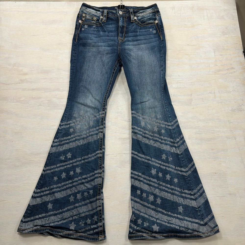 Miss Me Flare Jeans Womens 30 Star Print Bling Distressed Boot Cut Denim